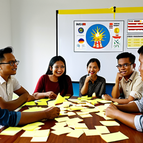 Home 11 **Image Prompt 1:** A diverse group of Malaysians collaboratively brainstorming ideas around a table, surrounded by sticky notes and prototypes. Focus on user empathy and problem-solving for local farmers, with a Malaysian flag subtly in the background.