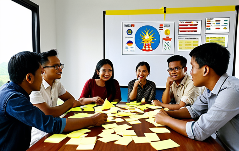 **Image Prompt 1:** A diverse group of Malaysians collaboratively brainstorming ideas around a table, surrounded by sticky notes and prototypes. Focus on user empathy and problem-solving for local farmers, with a Malaysian flag subtly in the background.