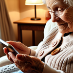 **Elderly woman using a mobile app with large buttons and clear text, designed for accessibility. Warm lighting, comfortable environment.** (Focus: Empathetic design for elderly users)