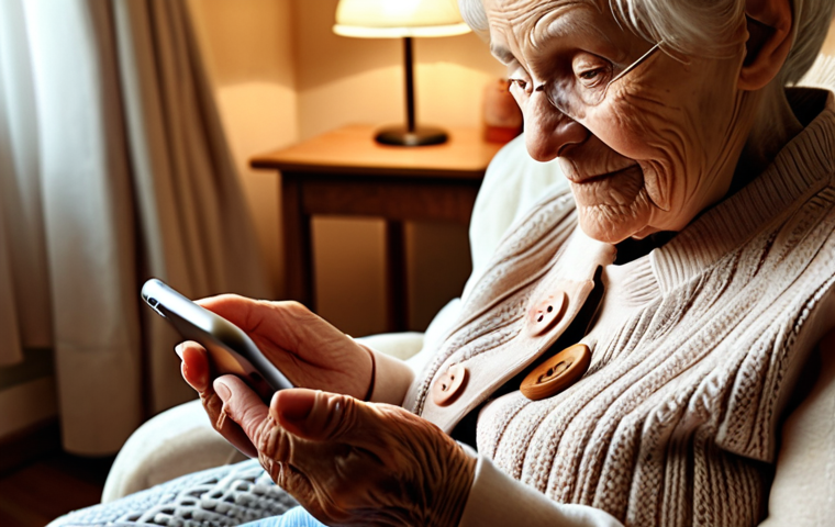 **Elderly woman using a mobile app with large buttons and clear text, designed for accessibility. Warm lighting, comfortable environment.** (Focus: Empathetic design for elderly users)