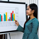 **

A professional Malaysian woman in a *baju kurung* (fully clothed, modest attire) giving a presentation in a modern office setting. Include a whiteboard with graphs and charts. Safe for work. Perfect anatomy, natural proportions, professional photography, high quality.

**