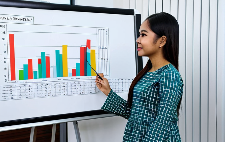 **

A professional Malaysian woman in a *baju kurung* (fully clothed, modest attire) giving a presentation in a modern office setting. Include a whiteboard with graphs and charts. Safe for work. Perfect anatomy, natural proportions, professional photography, high quality.

**